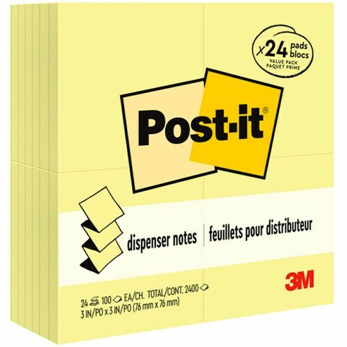 Post-itÂ® Pop-up Notes Value Pack - 2400 - 3" x 3" - Square - 100 Sheets per Pad - Unruled - Canary Yellow - Paper - Self-adhesive, Repositionable - 24 / Pack