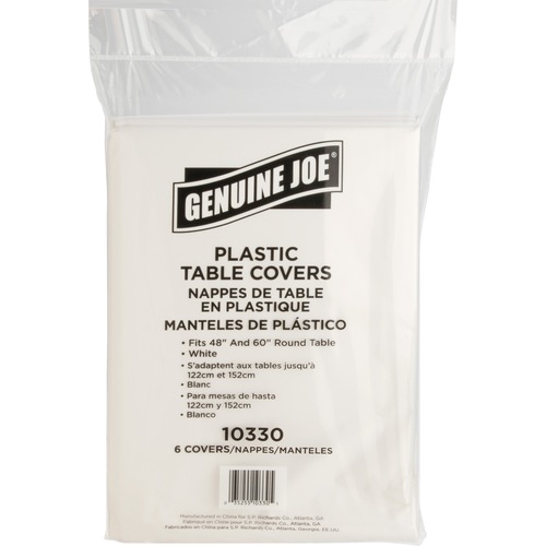 Genuine Joe Plastic Round Tablecovers - 84" (2133.60 mm) Diameter - Plastic - White - 6 / Pack