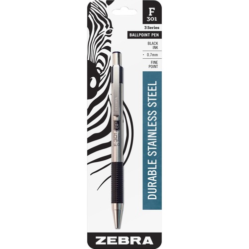 Zebra STEEL 3 Series F-301 Retractable Ballpoint Pen - Fine Pen Point - 0.7 mm Pen Point Size - Refillable - Retractable - Black - Stainless Steel Barrel - 1 Each