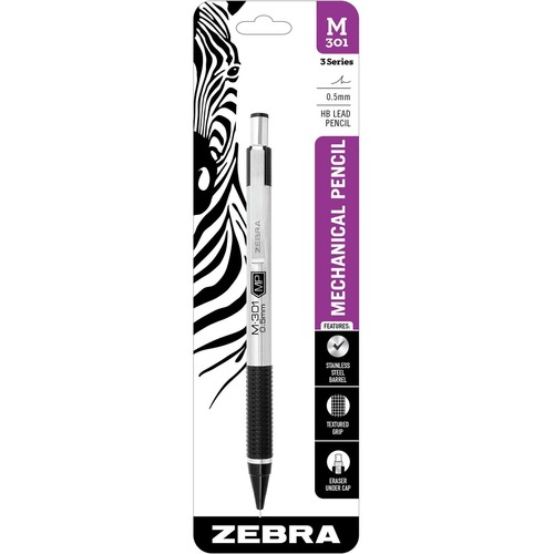 Zebra STEEL 3 Series M-301 Mechanical Pencil - 0.5 mm Lead Diameter - Refillable - Silver Stainless Steel, Black Barrel - 1 Each