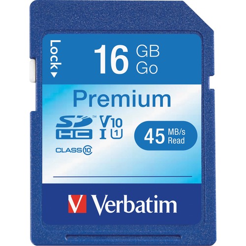 Verbatim 16GB Premium SDHC Memory Card, UHS-I V10 U1 Class 10 - 45 MB/s Read - Lifetime Warranty
