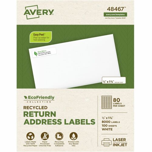 Avery(R) EcoFriendly Recycled Return Address Labels, 1/2" x 1-3/4" , White, Permanent Label Adhesive, 8,000 Printable Labels (48467) - 1/2" Width x 1 3/4" Length - Permanent Adhesive - Rectangle - Laser, Inkjet - White - Paper - 80 / Sheet - 100 Total She