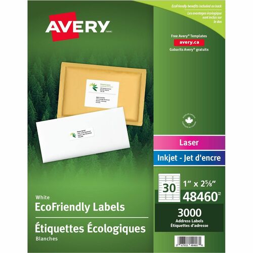 Avery® Eco-Friendly Address Labels for Laser and Inkjet Printers, 1" x 2?" - 1" Width x 2 5/8" Length - Permanent Adhesive - Rectangle - Laser, Inkjet - White - Paper - 30 / Sheet - 100 Total Sheets - 3000 Total Label(s) - 3000 / Box