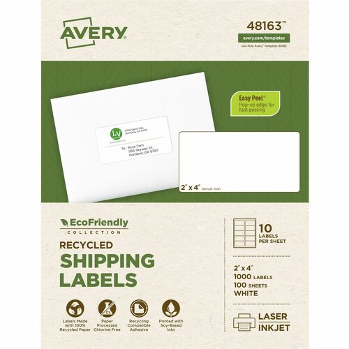 Avery® EcoFriendly Shipping Label - Water Based Adhesive - Rectangle - Laser, Inkjet - White - Paper - 10 / Sheet - 100 Total Sheets - 1000 Total Label(s) - 1000 / Box - Mailing & Address Labels - AVE48163