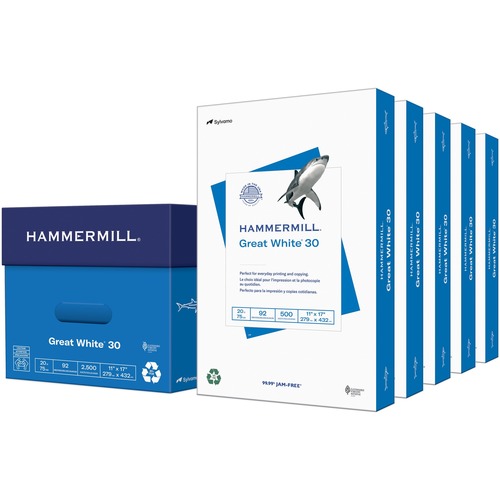 Hammermill Great White Recycled Copy Paper - White - 92 Brightness - 11" x 17" - 20 lb Basis Weight - 1 / Ream - Acid-free, Moisture Resistant, Archival-safe, Jam-free - White