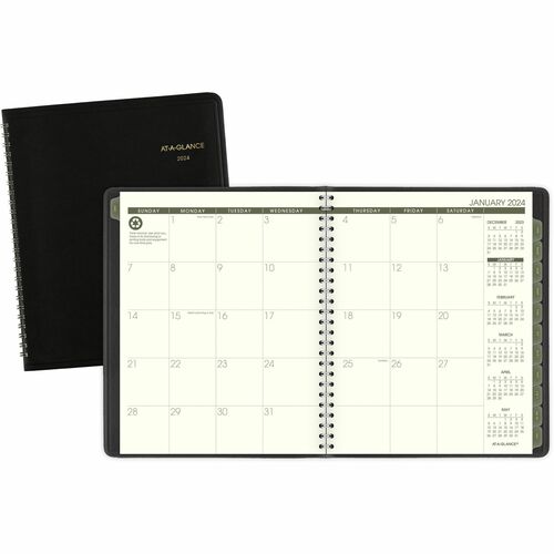 At-A-Glance Recycled Planner - Julian Dates - Monthly - 1 Year - January 2024 - December 2024 - 6 7/8" x 8 3/4" Sheet Size - Wire Bound - Desk Pad - Black - Simulated Leather - Address Directory, Phone Directory - 1 Each