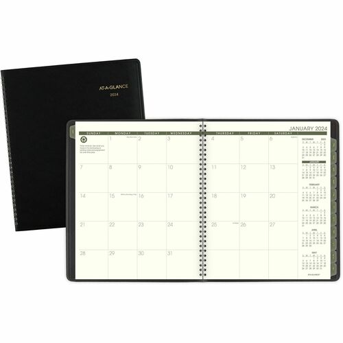 At-A-Glance Recycled Planner - Julian Dates - Monthly - January 2023 - January 2024 - 9" x 11" Sheet Size - Wire Bound - Black - Simulated Leather - Tabbed, Address Directory, Phone Directory - 1 Each