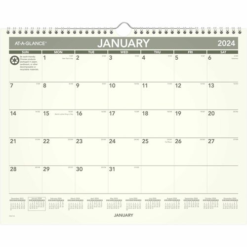 At-A-Glance Recycled Wall Calendar - Medium Size - Julian Dates - Monthly - 12 Month - January 2024 - December 2024 - 1 Month Single Page Layout - 15" x 12" White Sheet - 2" x 1.68" Block - Wire Bound - Paper - Unruled Daily Block, Hanging Loop - 1 Each