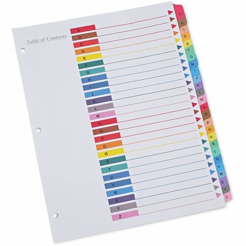 Universal Index Divider - 26 Printed Side Tab(s) - Character - A-Z - 8.5" Divider Width x 11" Divider Length - Letter - 3 Hole Punched - White Paper Divider - Assorted Paper Tab(s) - 30% Recycled - Double-sided, Mylar Reinforced Edge, Laminated Tab - 1 / 