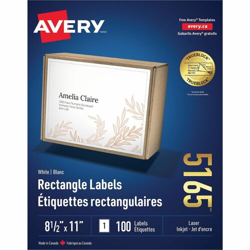 Avery® Shipping Labels, TrueBlock(R) Technology, Permanent Adhesive, 8-1/2" x 11" , 100 Labels (5165) - 8 1/2" Height x 11" Width - Permanent Adhesive - Laser - Bright White - Paper - 1 / Sheet - 100 Total Sheets - 100 Total Label(s) - 100 / Box - Mailing & Address Labels - AVE5165