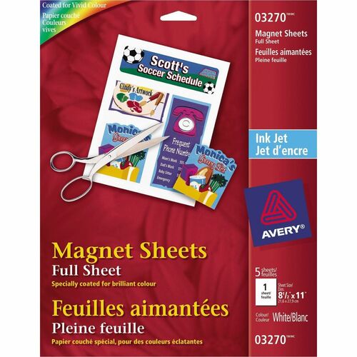 Avery® Printable Magnetic Sheets, 8-1/2" x 11" , Inkjet Printers, 5 Sheets - Letter - 8 1/2" x 11" - Matte - 5 / Pack - Lightweight, Printable = AVE03270