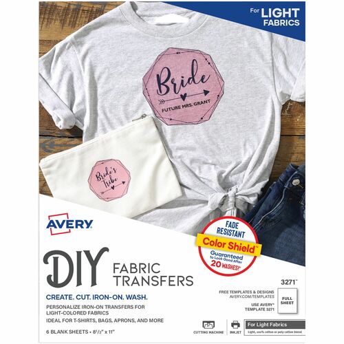 Avery® Iron-On T-Shirt Transfer - Letter - 8 1/2" x 11" - Matte - Crack Resistant, Die-cut, Washable, Printable - Clear - 6 / Carton