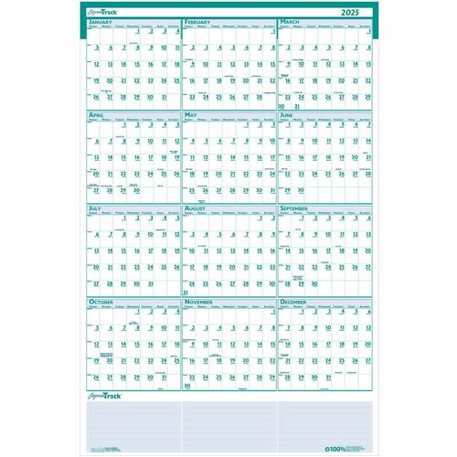House of Doolittle Express Track Yearly Laminated Planner - Julian Dates - Yearly - 12 Month - January 2024 - December 2024 - 24" x 37" Sheet Size - 1.25" x 1.38" Block - Blue, Green - Paper - Laminated, Erasable - 1 Each
