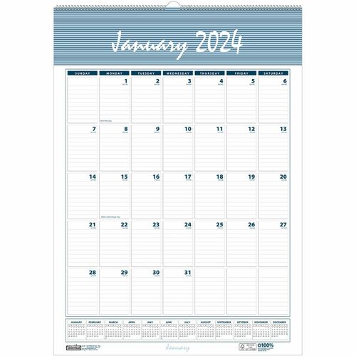 House of Doolittle Bar Harbor 12-Month Wall Calendar - Julian Dates - Monthly - 1 Year - January 2024 - December 2024 - 1 Month Single Page Layout - 22" x 31 1/4" Sheet Size - 2.63" x 4.25" Block - Wire Bound - Blue, Gray - Paper - Reference Calendar, Eye