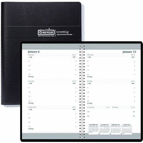 House of Doolittle Horizontal Format Recycled Weekly Planner - Julian Dates - Weekly - 12 Month - January 2024 - December 2024 - 8:00 AM to 5:00 PM - Half-hourly - 1 Week Double Page Layout - 5" x 8" Sheet Size - Wire Bound - Paper, Simulated Leather - Bl