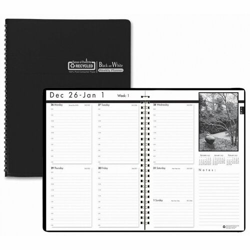 House of Doolittle Black on White Weekly Planner - Julian Dates - Weekly - 12 Month - January 2024 - December 2024 - 8:00 AM to 5:00 PM - Hourly - 1 Week Double Page Layout - 8 1/2" x 11" Sheet Size - Wire Bound - Paper - Black Cover - 1 Each