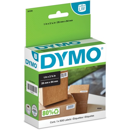 Dymo LabelWriter Small Multipurpose Labels - 1" Width x 2 1/8" Length - Direct Thermal - White - 500 / Roll - 500 Box