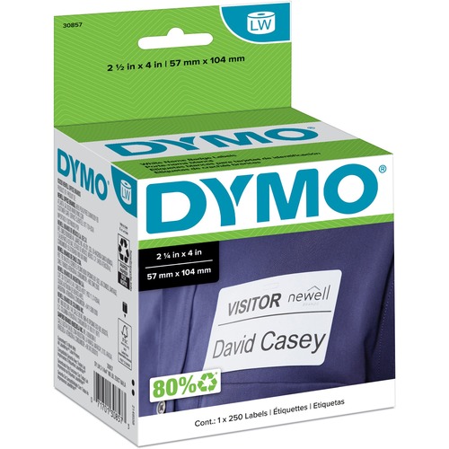 Dymo LabelWriter Adhesive Name Badges - 4" x 2 1/4" Length - Removable Adhesive - Rectangle - Direct Thermal - White - 250 / Roll - Label Printer Labels - DYM30857