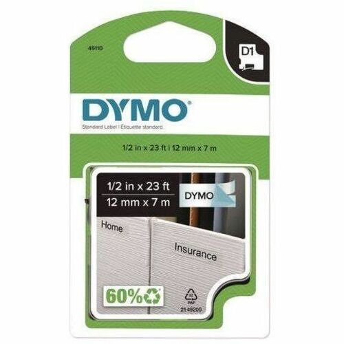 Dymo D1 Black on Clear Label Tape - - HeightSemi-permanent Adhesive - Clear - Plastic - Self-adhesive, Easy Peel, Residue-free - 1 / Pack