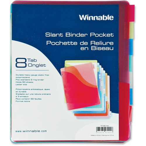 Winnable 8-Tab Slant Binder Pocket - 100 x Sheet Capacity - For Letter 8 1/2" x 11" Sheet - Ring Binder - Rectangular - Red, Yellow, Clear, Green, Blue, Orange, Dark Blue, Purple - Polypropylene - 8 / Pack - Binder Pockets - WNNTP88AD