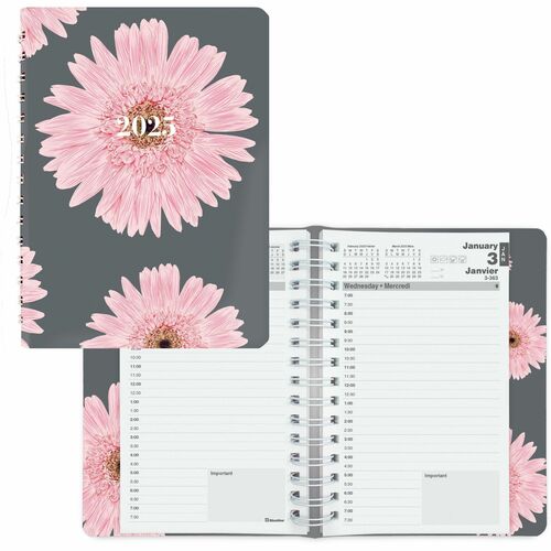 Blueline Pink Daisy Daily Planner - Business - Daily - 1 Year - January 2024 till December 2024 - 7:00 AM to 7:30 PM - Half-hourly - 1 Day Single Page Layout - 8" x 5" Sheet Size - Spiral Bound - Pink - Bilingual, Tear-off, Notepad - 1 Each