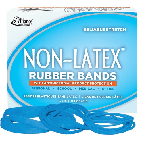 Alliance Rubber 42549 Non-Latex Rubber Bands with Antimicrobial Protection - Assorted sizes (#54) - 1/4 lb. assorted box - #19 (3 1/2" x 1/16"), #33 (3 1/2" x 1/8"), #64 (3 1/2" x 1/4") - Cyan blue