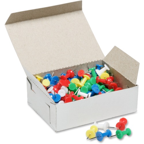 SKILCRAFT Colorful Plastic Head Pushpins - 0.4" Length - 100 / Box - White, Blue, Green, Purple, Magenta