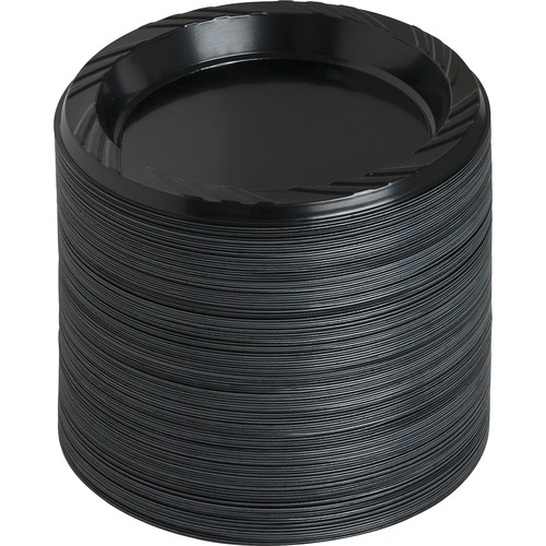 Genuine Joe Round Plastic Black Plates - Serving - Disposable - Black - Plastic Body - 125 / Pack