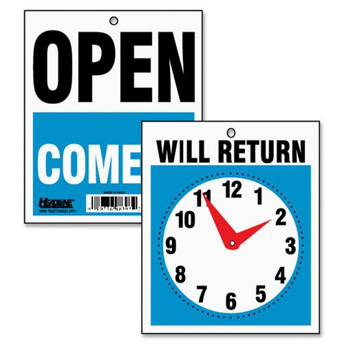 U.S. Stamp & Sign Will Return Sign with Clock Hand - 1 Each - Will Return, Come In, Open Print/Message - 6" (152.40 mm) Width x 5" (127 mm) Height - Rectangular Shape - White Print/Message Color - Customizable Time - Plastic - White, Blue