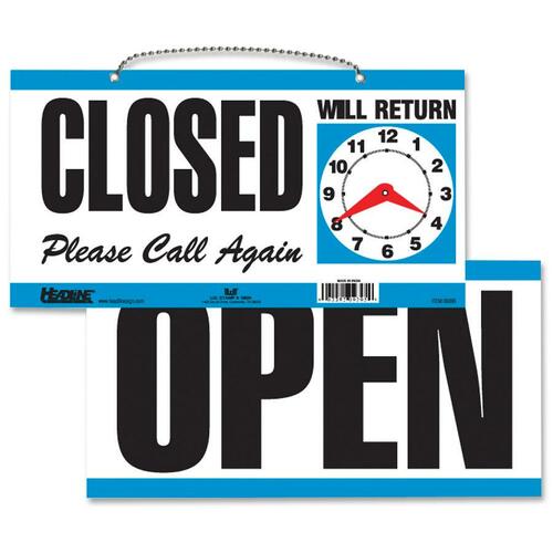 Headline Open/Closed 2-sided Sign - 1 Each - Open, CLOSED, Please Call Again, Will Return Print/Message - 11.50" (292.10 mm) Width x 6" (152.40 mm) Height - Rectangular Shape - Customizable Time - White, Blue