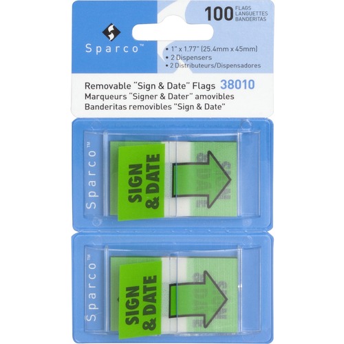 Sparco "Sign & Date" Preprinted Flags in Dispenser - 100 - 1" x 1.75" - Rectangle - "Sign & Date" - Green - Removable, Self-adhesive - 100 / Pack - Flags - SPR38010