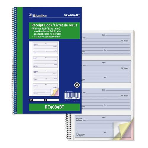 Blueline NCR Receipt Book - 100 Sheet(s) - Spiral BoundCarbonless Copy - 6 39/64" (16.8 cm) x 10 5/8" (27 cm) Sheet Size - Blue Cover - 1 Each