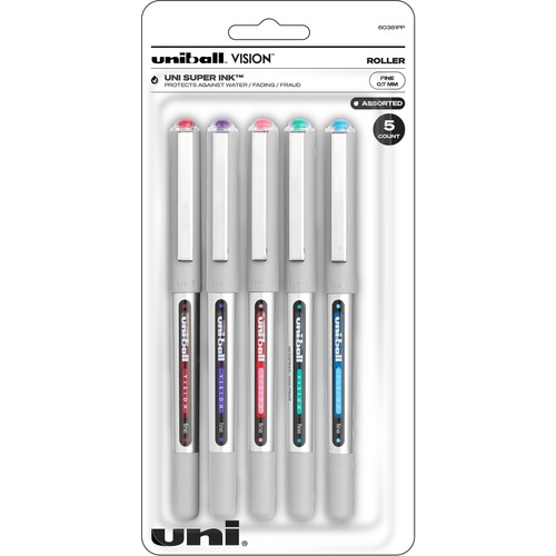 uniball™ Vision Rollerball Pens - Fine Pen Point - 0.7 mm Pen Point Size - Red, Brilliant Blue, Evergreen, Pink, Purple - 5 / Pack
