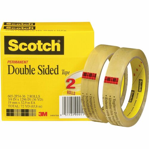 Scotch Permanent Double-Sided Tape - 3/4"W - 36 yd Length x 0.75" Width - 3" Core - Long Lasting - For Attaching, Mounting - 2 / Pack - Clear