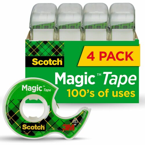 Scotch Nonyellowing Magic Tape Dispenser - 25 ft Length x 0.75" Width - 1" Core - Dispenser Included - Handheld Dispenser - 4 / Pack - Clear, Matte