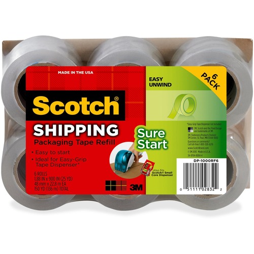 Scotch Sure Start Packaging Tape - 22.20 yd Length x 1.88" Width - 2.6 mil Thickness - 1.50" Core - Synthetic Rubber Resin - 6 / Pack - Clear