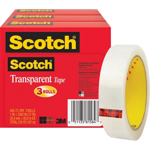 Scotch Transparent Tap - 72 yd Length x 1" Width - 3" Core - 3 / Pack - Clear