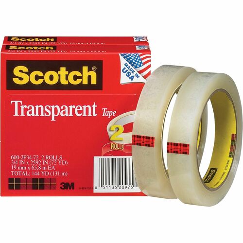 Scotch Transparent Tape - 3/4"W - 72 yd Length x 0.75" Width - 3" Core - 2 / Pack - Clear