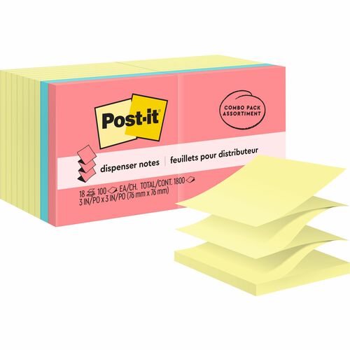 Post-it® Dispenser Notes - Assorted Colors - 1800 - 3" x 3" - Square - 100 Sheets per Pad - Unruled - Pink, Blue, Yellow - Paper - Pop-up, Self-adhesive, Repositionable - 18 / Pack