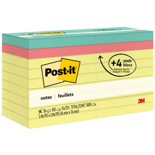 Post-it® Notes Original Notepads - 1800 - 3" x 3" - Square - 100 Sheets per Pad - Unruled - Canary Yellow - Paper - Removable - 18 / Pack