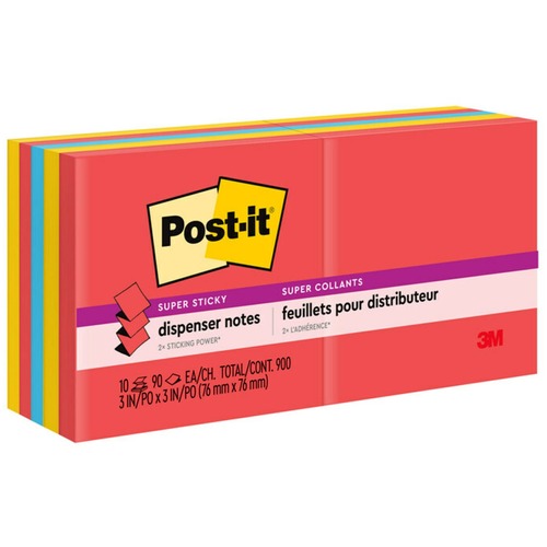 Post-it® Super Sticky Dispenser Notes - Playful Primaries Color Collection - 900 - 3" x 3" - Square - 90 Sheets per Pad - Unruled - Candy Apple Red, Blue Paradise, Sunnyside - Paper - Self-adhesive, Repositionable - 10 / Pack
