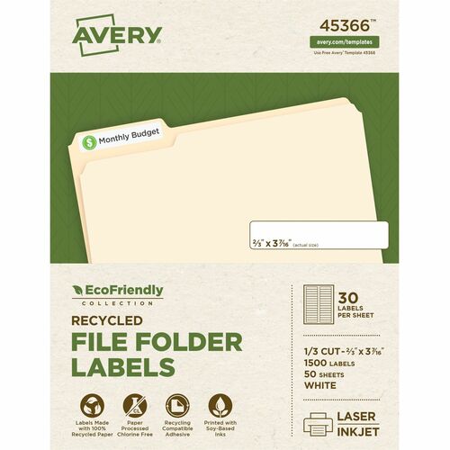Avery® File Folder Label - 21/32" Width x 3 7/16" Length - Permanent Adhesive - Rectangle - Laser, Inkjet - White - Paper - 30 / Sheet - 50 Total Sheets - 1500 Total Label(s) - 1500 / Box
