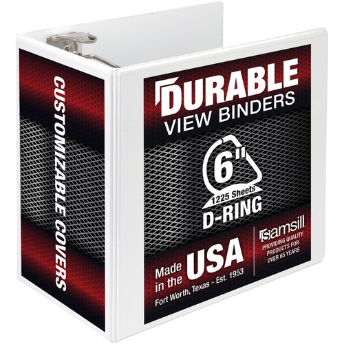 Samsill Durable View Binder - 6" Binder Capacity - Letter - 8 1/2" x 11" Sheet Size - 1225 Sheet Capacity - D-Ring Fastener(s) - 2 Internal Pocket(s) - Chipboard, Polypropylene - White - 2.73 lb - Recycled - Non-stick, Locking Ring, Heavy Duty, Clear Over