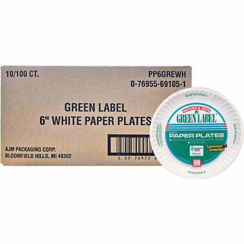 AJM 6" Green Label Economy Paper Plates - 100 / Bag - Microwave Safe - White - Paper Body - 10 / Carton