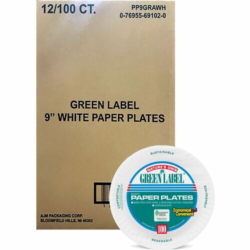 AJM Packaging Green Label Economy Paper Plates - 100 / Bag - Microwave Safe - White - Paper Body - 1200 / Carton