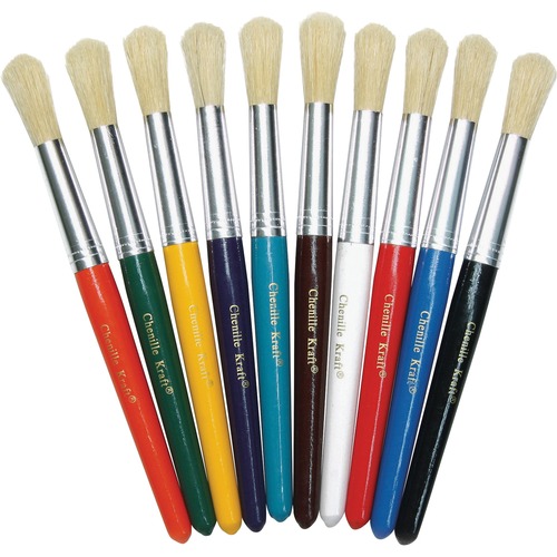 Creativity Street Round Natural Bristle Brushes - 10 Brush(es) - 7.50" Plastic - Aluminum Ferrule