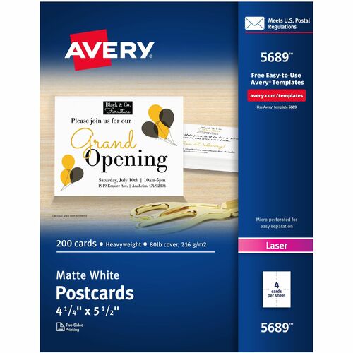 Avery® Postcards - 97 Brightness - 5 1/2" x 4 1/4" - 80 lb Basis Weight - 216 g/m² Grammage - Matte - Perforated, Heavyweight, Rounded Corner, Jam-free, Smudge-free, Double-sided, Uncoated, Recyclable, Biodegradable, Printable - White - 200 / Box