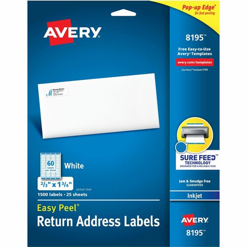 Avery® Easy Peel Inkjet Return Address Labels - 21/32" Width x 1 3/4" Length - Permanent Adhesive - Rectangle - Inkjet - White - Paper - 60 / Sheet - 25 Total Sheets - 1500 Total Label(s) - 1500 / Pack