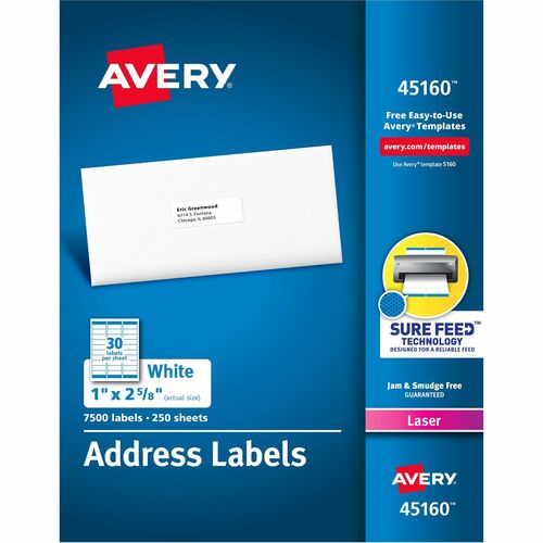 Avery® Address Labels - Sure Feed Technology - 1" Width x 2 5/8" Length - Permanent Adhesive - Rectangle - Laser - White - Paper - 30 / Sheet - 250 Total Sheets - 7500 Total Label(s) - 7500 / Box