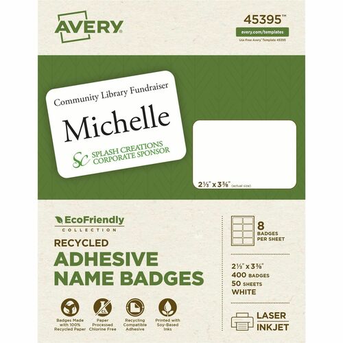 Avery Eco-friendly Premium Name Badge Labels - 2 21/64" Width x 3 3/8" Length - Removable Adhesive - Rectangle - Laser, Inkjet - Matte - White - Paper - 8 / Sheet - 50 Total Sheets - 400 Total Label(s) - 5 - Recyclable, PVC-free, Removable, Chlorine-free,